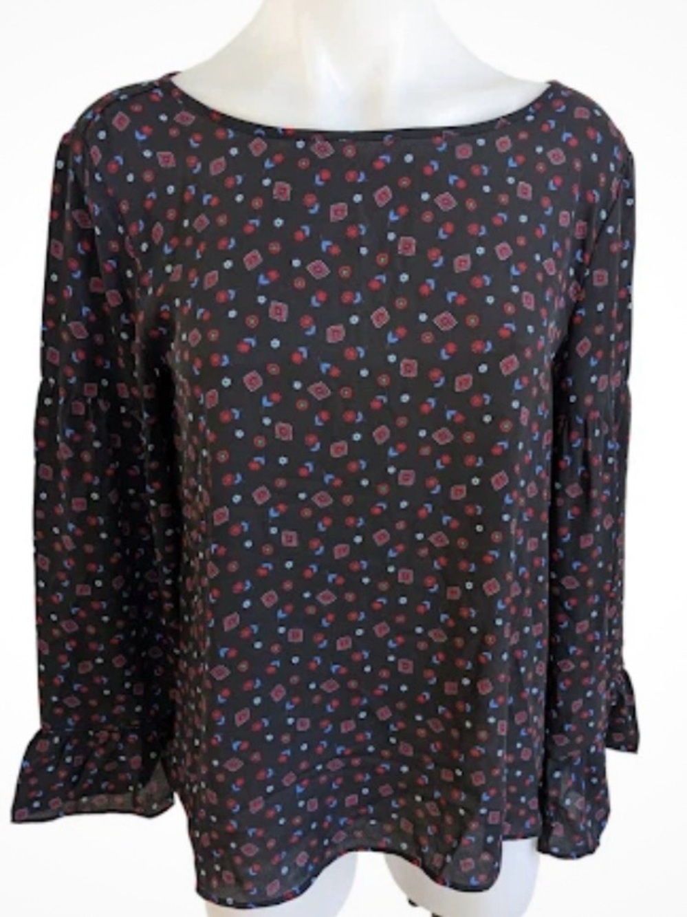 LOFT Geometric Floral Bell Sleeve Blouse XS 💼 EUC Dark Cottagecore Office Top